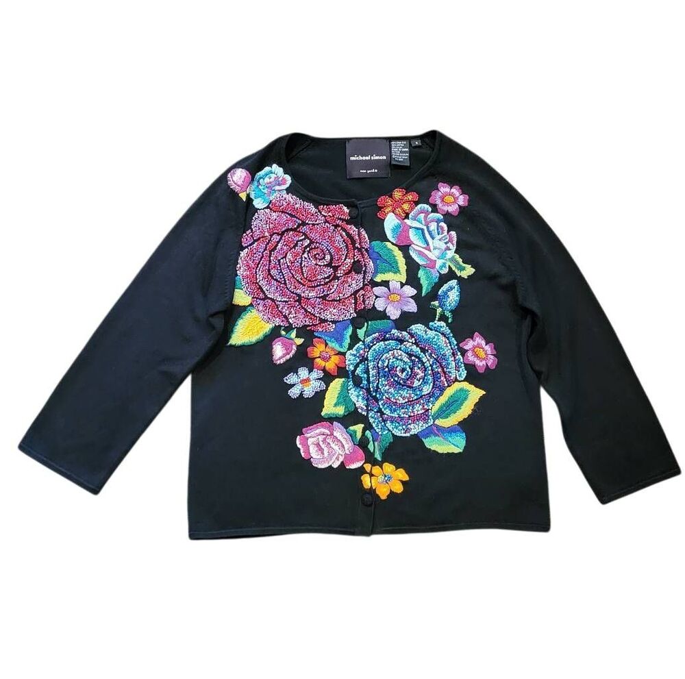Vintage Y2K Michael Simon Sweater Women's Small Black Rose Floral Embroidered
